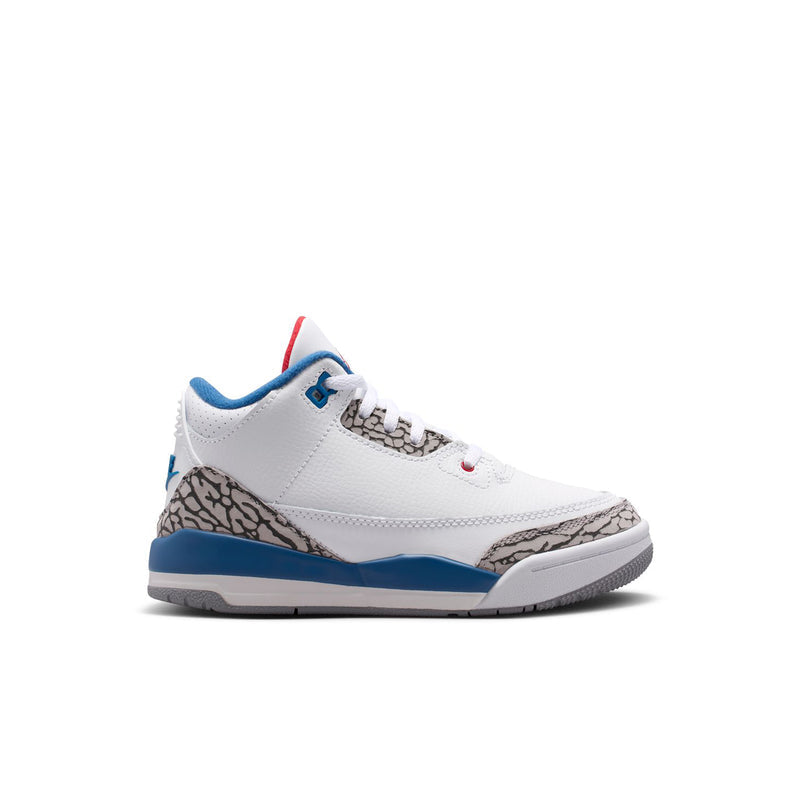 Kids lace-up sneakers in white with blue trim, red accents, and cement grey detail.