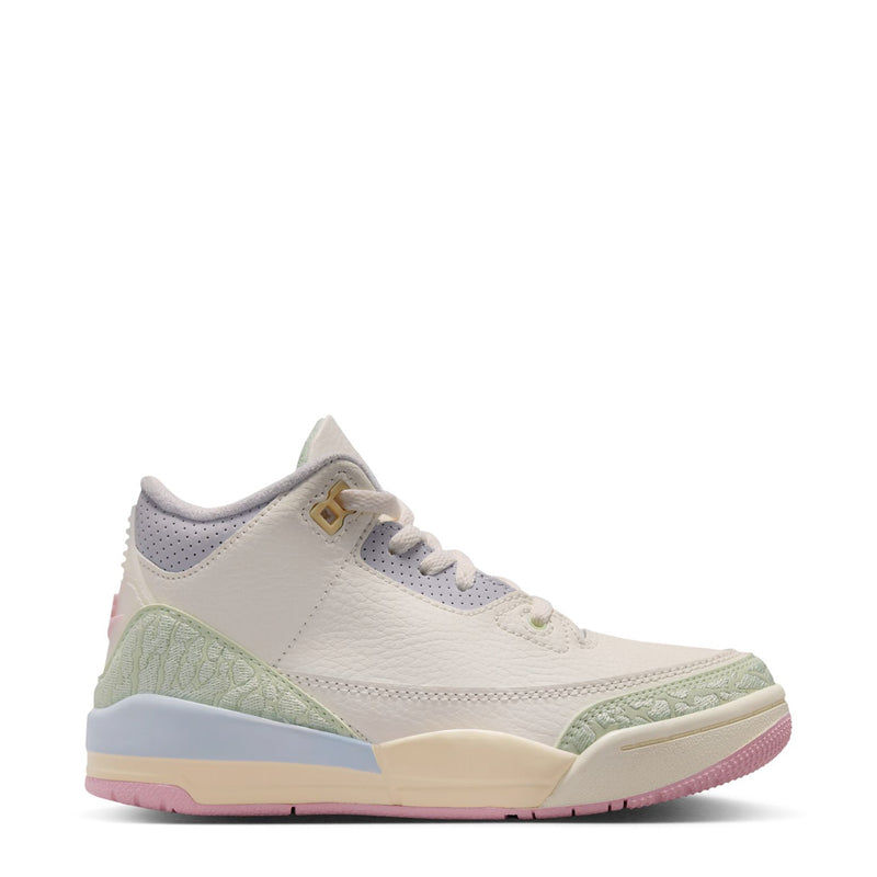 Kids' retro low-top sneakers in white with green paneling and purple-pink sole