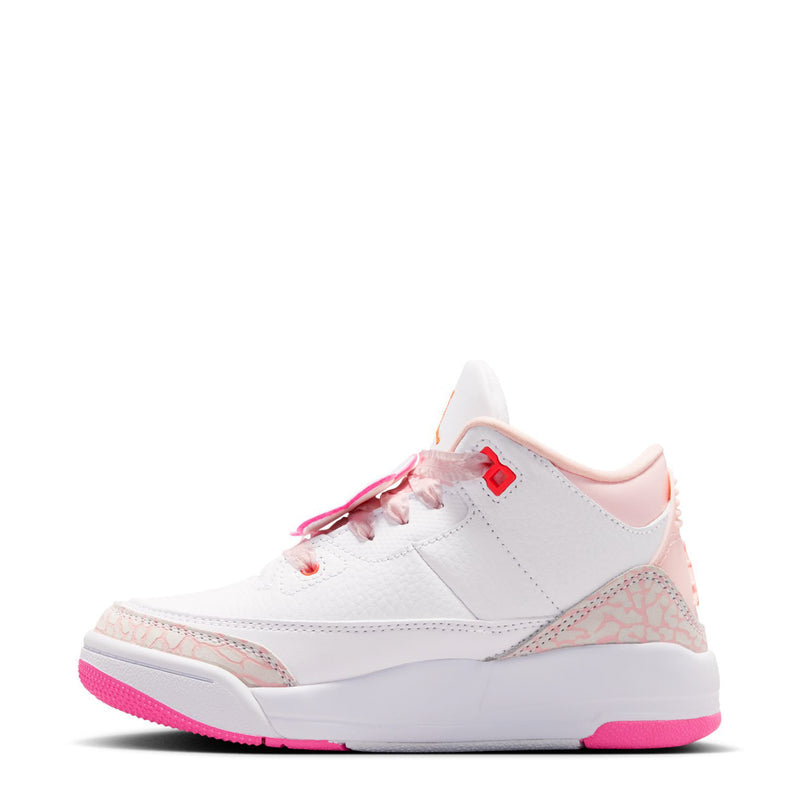 Kids high-top sneakers side view, white upper with pink trim and orange logo, pink sole