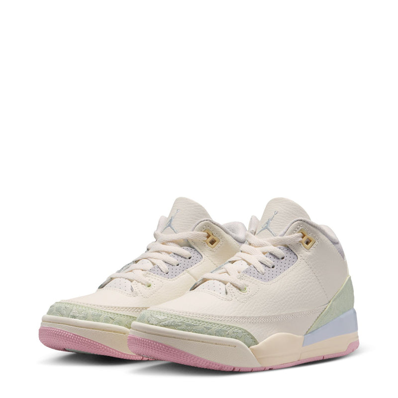 Kids' retro low-top sneakers, white with pale green accents and pink-lilac outsole