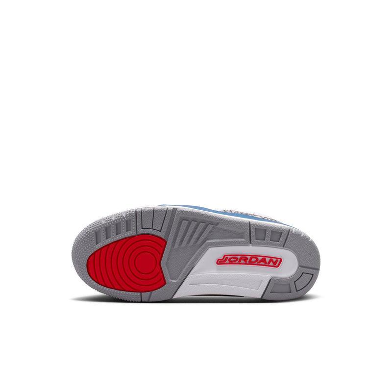 Kids sneaker outsole with grey tread and red-and-grey JORDAN branding.