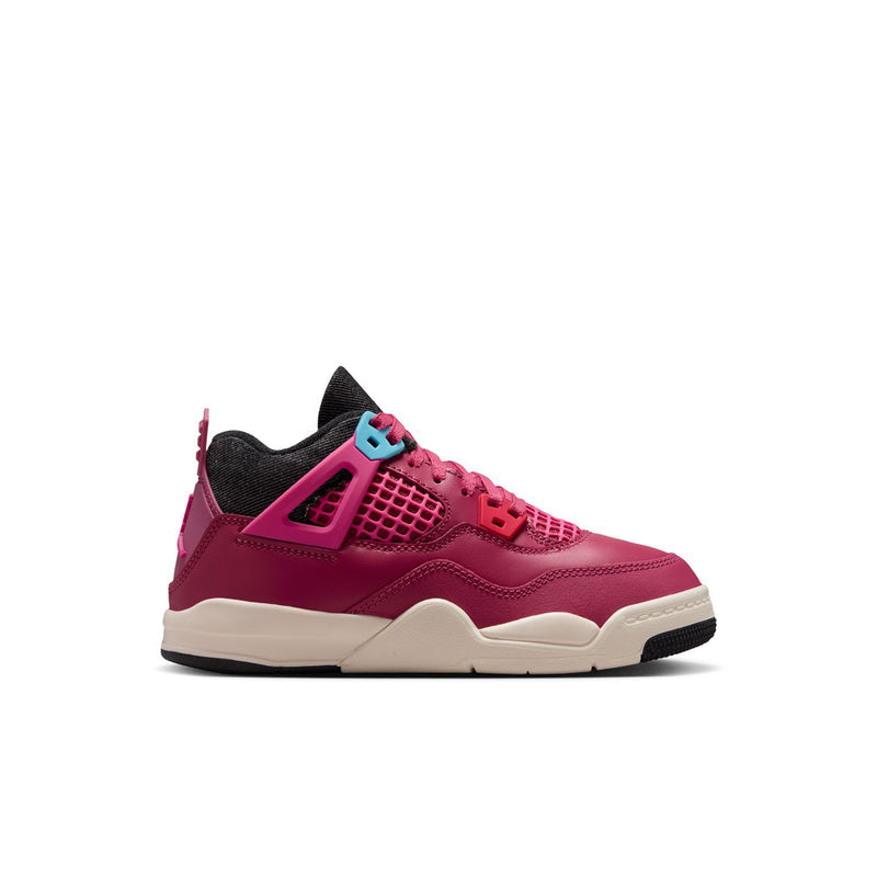 Kids' low-top sneakers, burgundy mesh and leather with teal accents and white midsole