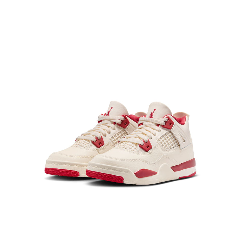 Kids retro basketball sneakers, pale ivory leather and mesh panels with red detailing