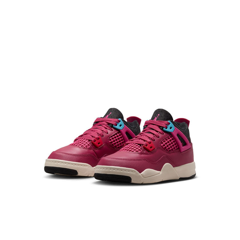 Kids' burgundy low-top sneakers with black lining, teal details, and white midsole