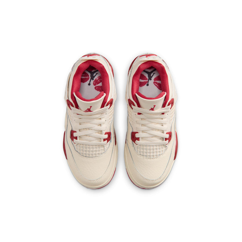 Kids pale ivory lace-up sneakers with red interior lining and textured upper panels