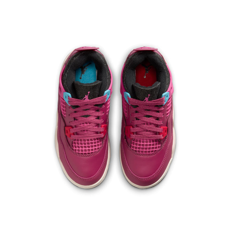Kids' sneakers with burgundy uppers and black interior lining, showing blue insole