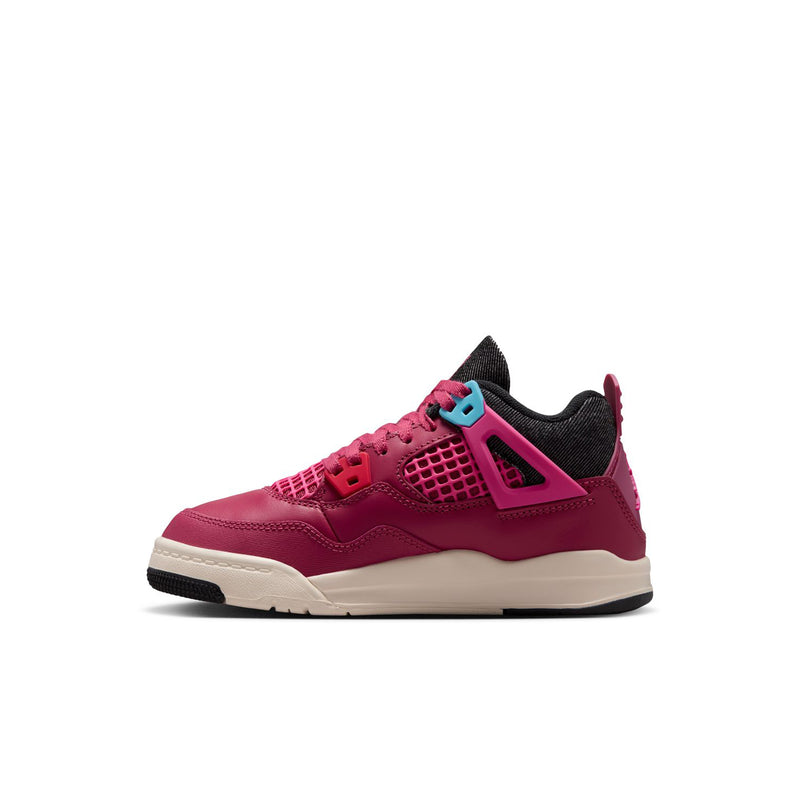 Kids' burgundy low-top sneakers with black collar, teal hardware, and white sole