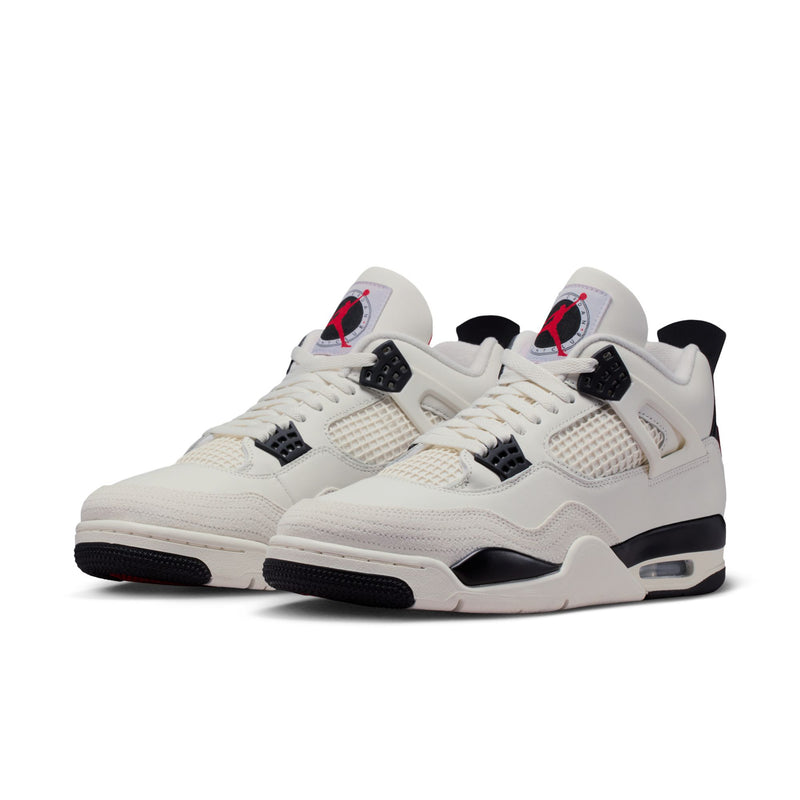 Men's Retro 4 sneakers, pair view, sail white mesh upper with black details and red pops