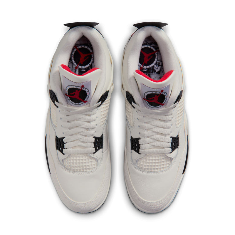 Men's Retro 4 sneakers with white uppers and lace-up front; visible interior red accents