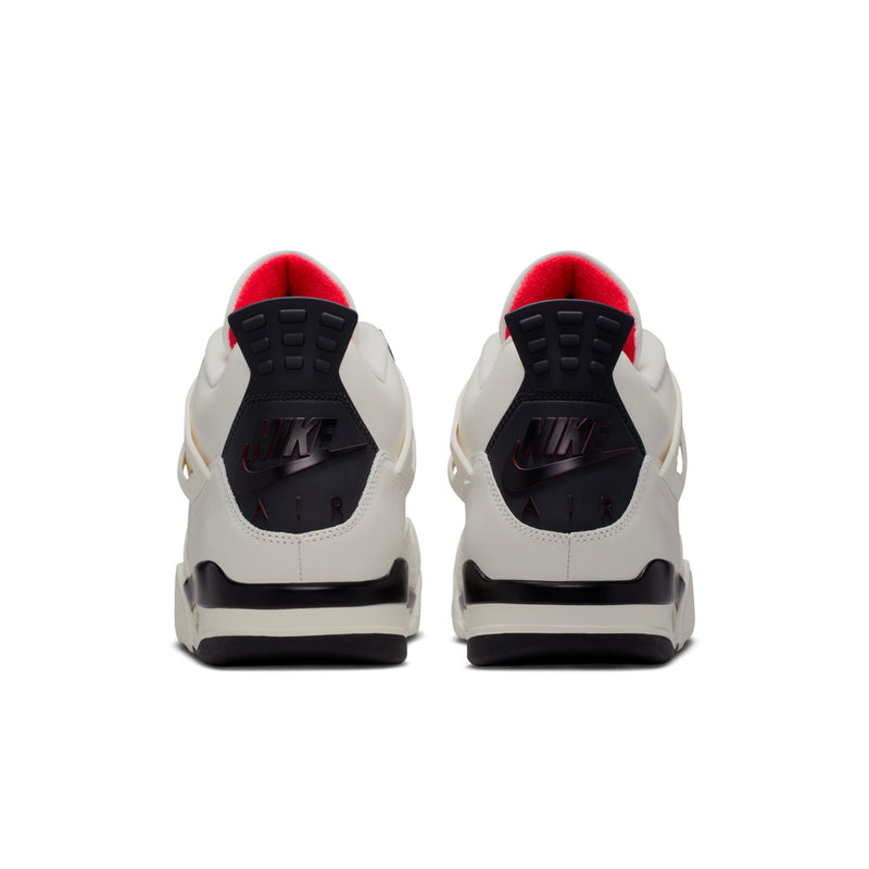 Men's Retro 4 sneakers heel view with black outsole, sail white upper, red collar lining