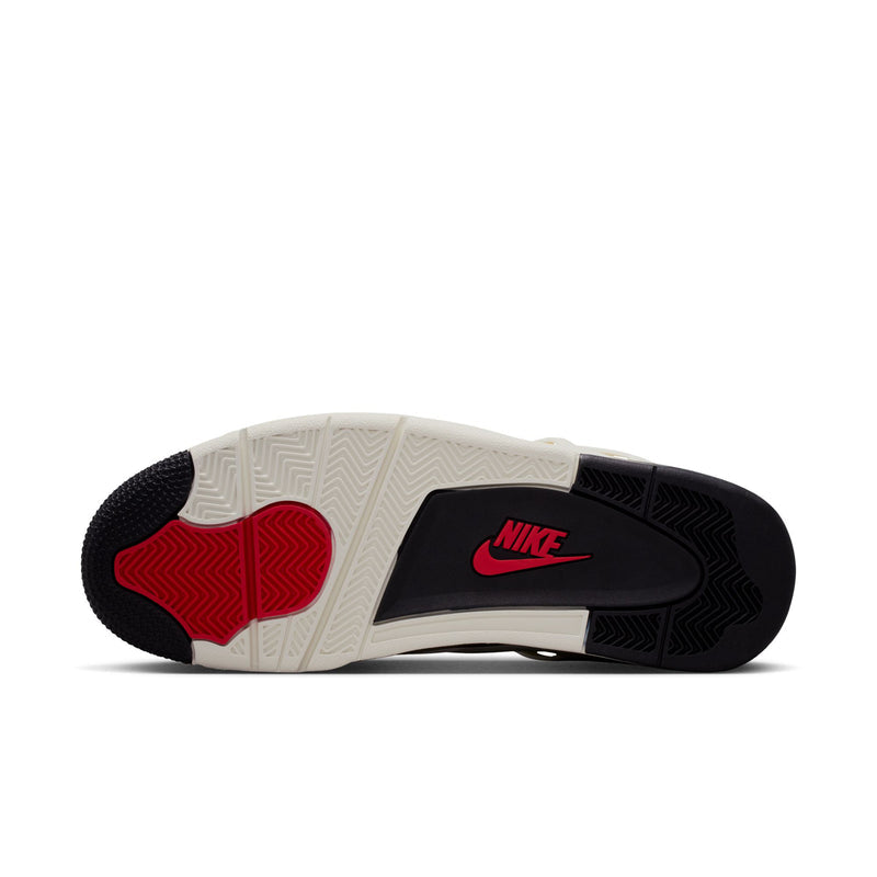 Men's Retro 4 outsole view with Nike red logo and textured black-and-white tread