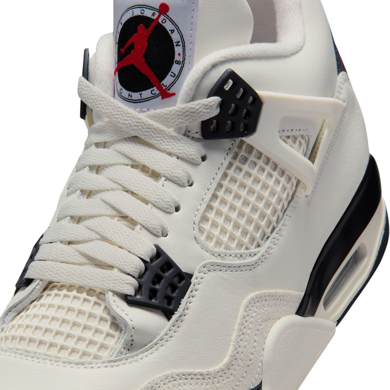 Men's Retro 4 close-up: sail white mesh, black lace hardware, and Jumpman tongue logo