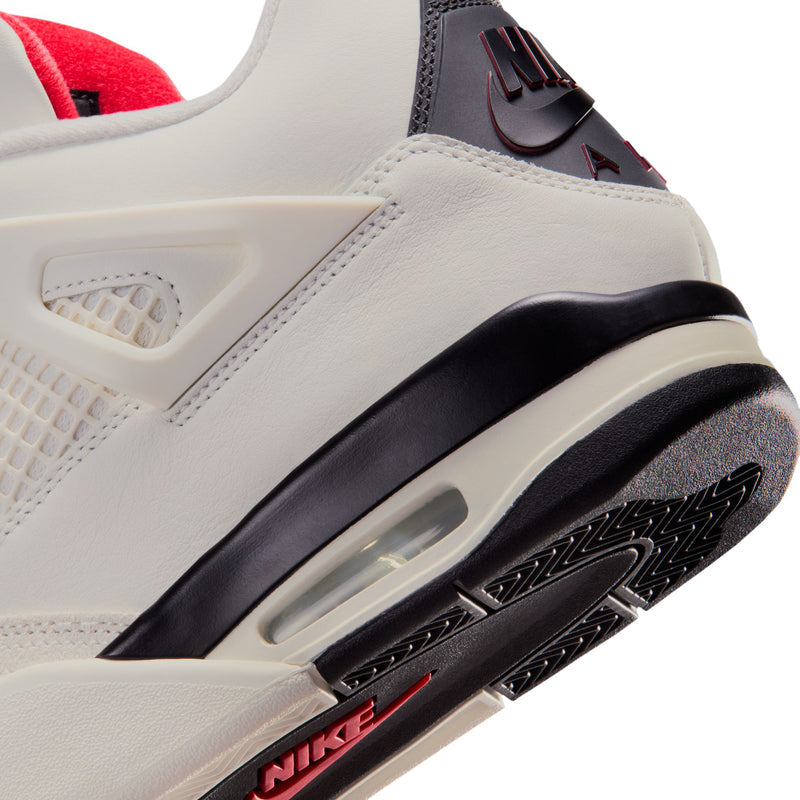 Men's Retro 4 close-up of side air unit, sail white leather with black trim and red Nike mark
