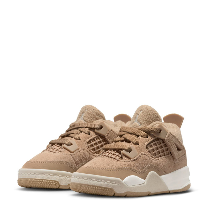 Tan toddler sneaker front view with mesh panels and hook-and-loop heel strap