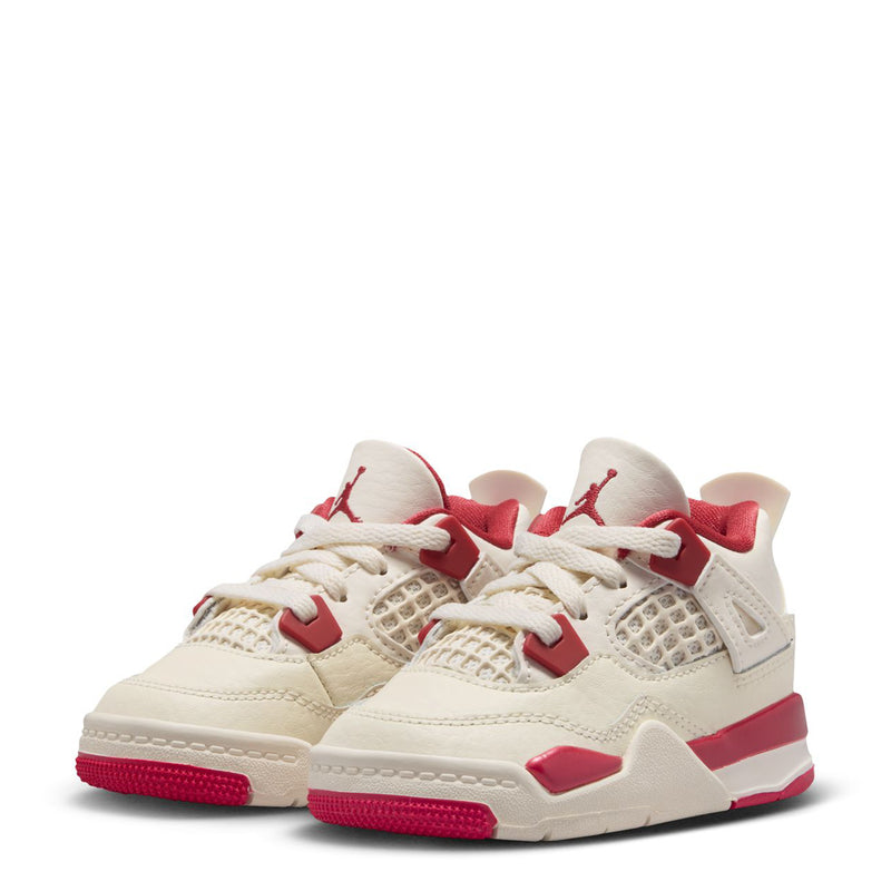 Kids' high-top sneakers pair, pale ivory with red laces and side panels