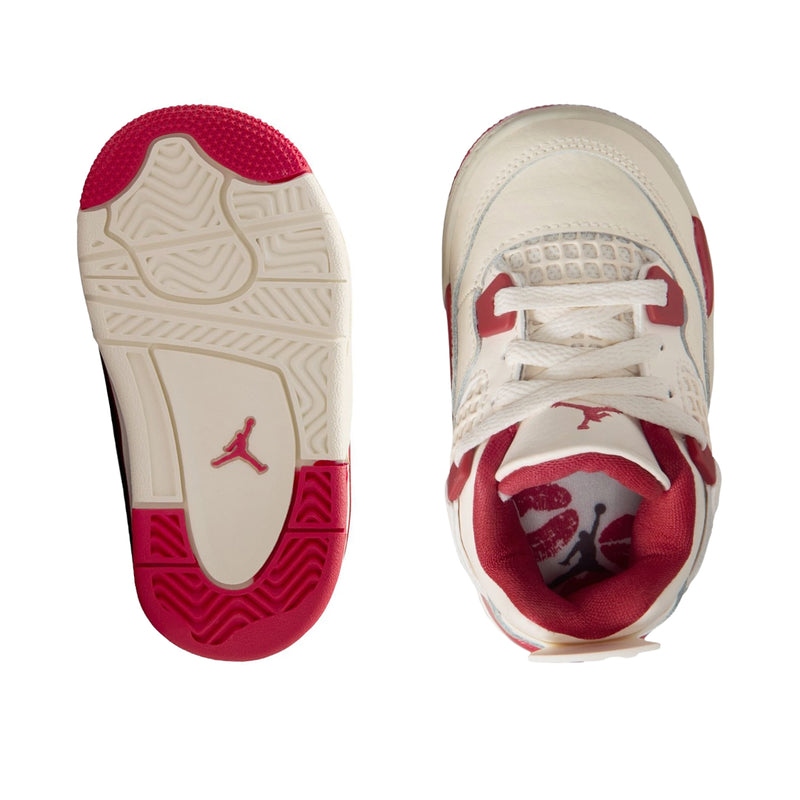Kids' sneaker soles and toe detail, pale ivory with red rubber outsole