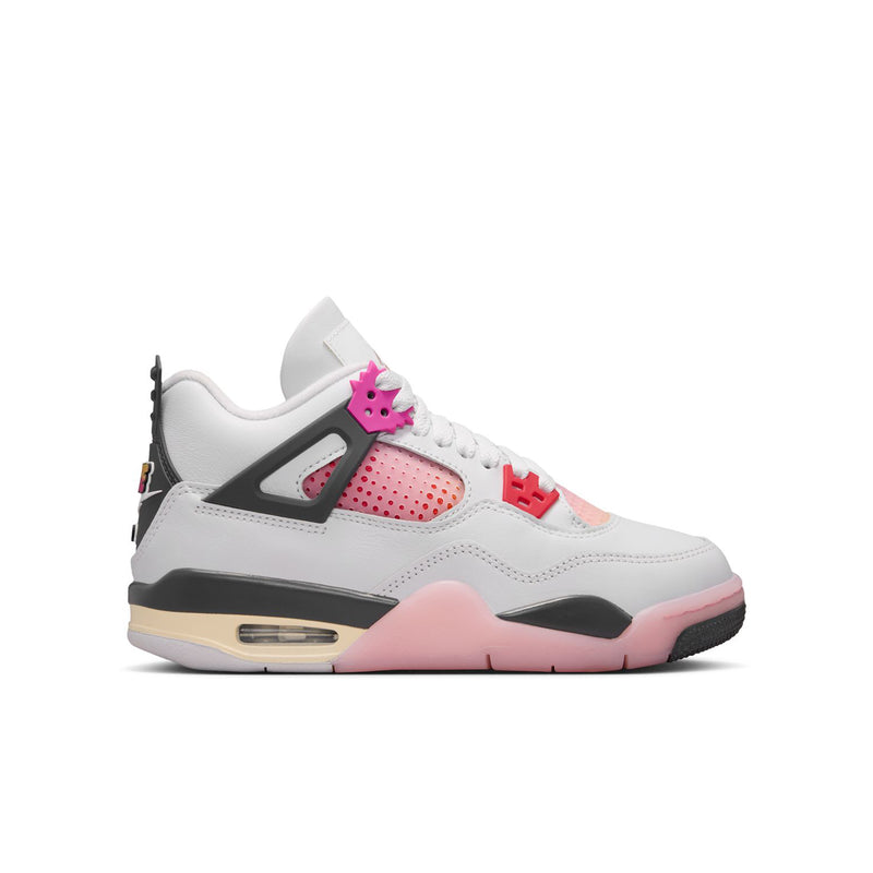 Youth sneaker, white leather with pink and gray panels, lace-up
