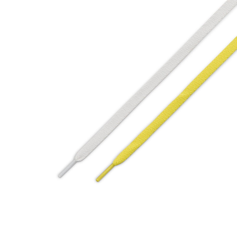 Youth sneaker laces, white pair with yellow second set, flat laid out