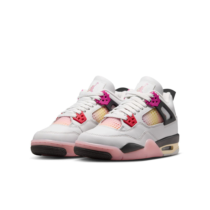 Youth lace-up sneakers, white with pink accents and gray overlays, side view