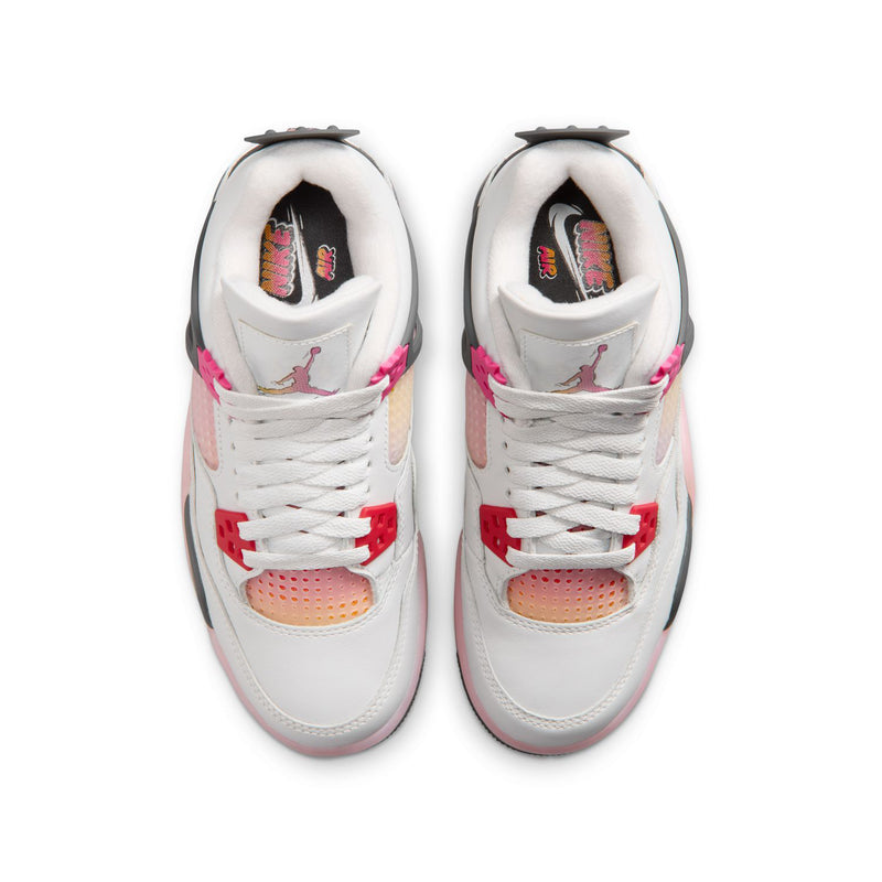 Youth sneakers, white uppers with red laces and multicolor tongue lining, top view