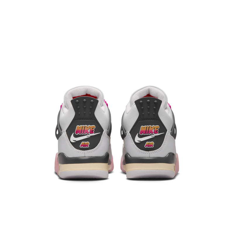 Youth sneakers, white with dark heel panels and Nike logo, rear view