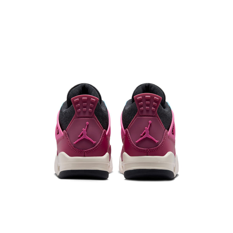 Youth pink sneakers from back with Air Jordan logo on heel and white midsole