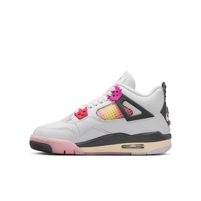 Youth sneaker, white low-top with pink sole, gray side panel and lace-up design