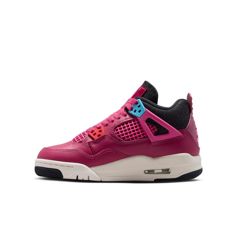 Youth pink sneaker side view with lace-up design, mesh quarter panel, and air unit
