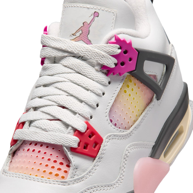 Youth sneaker upper detail, white laces with Jordan logo and pink lace tag