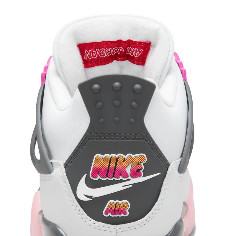 Youth sneaker heel detail, white collar with Nike Air logo and pink accents