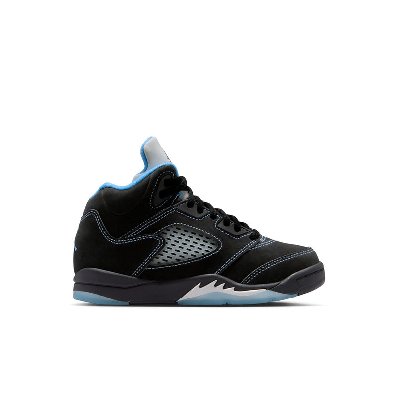 Kids' black retro basketball sneakers with light blue trim, lace-up design