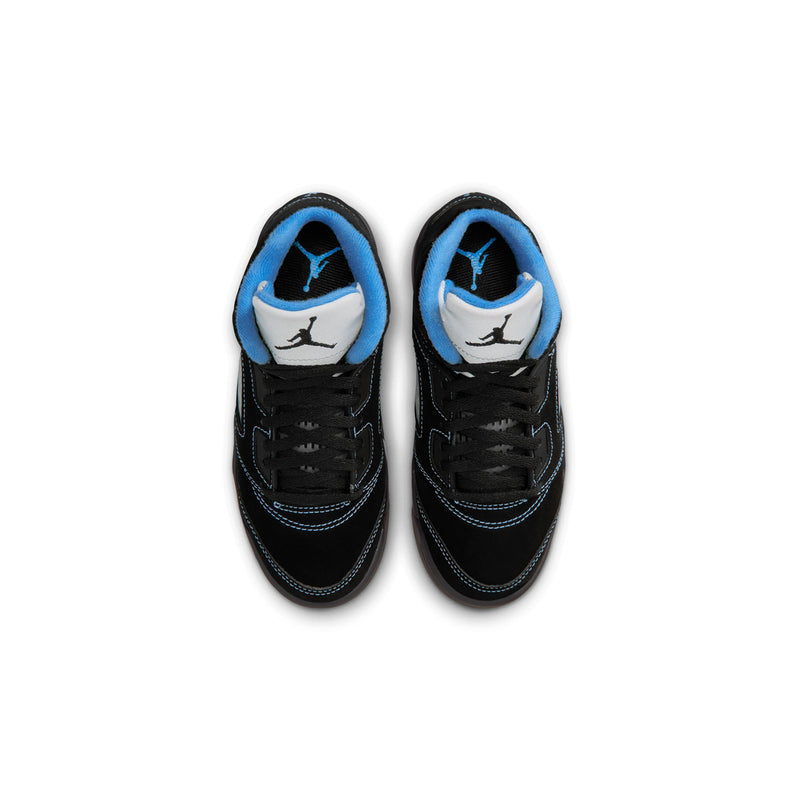 Kids' black retro sneakers with white tongues, Jumpman logo, and blue lining