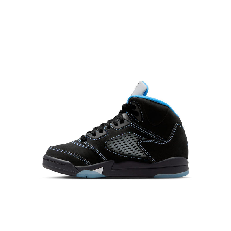 Kids' black retro sneakers with blue accent stitching and perforated side