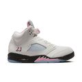 Men's white mid-top sneakers with pink and black accents, lace-up