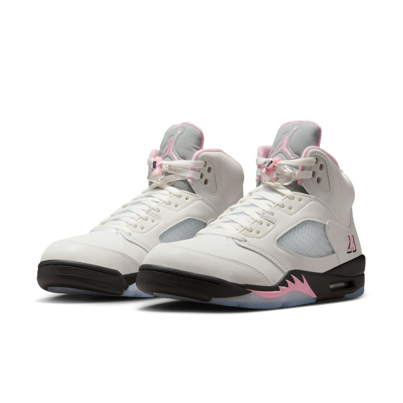 Men's white lace-up mid-top sneakers with light blue panels and pink sole accents