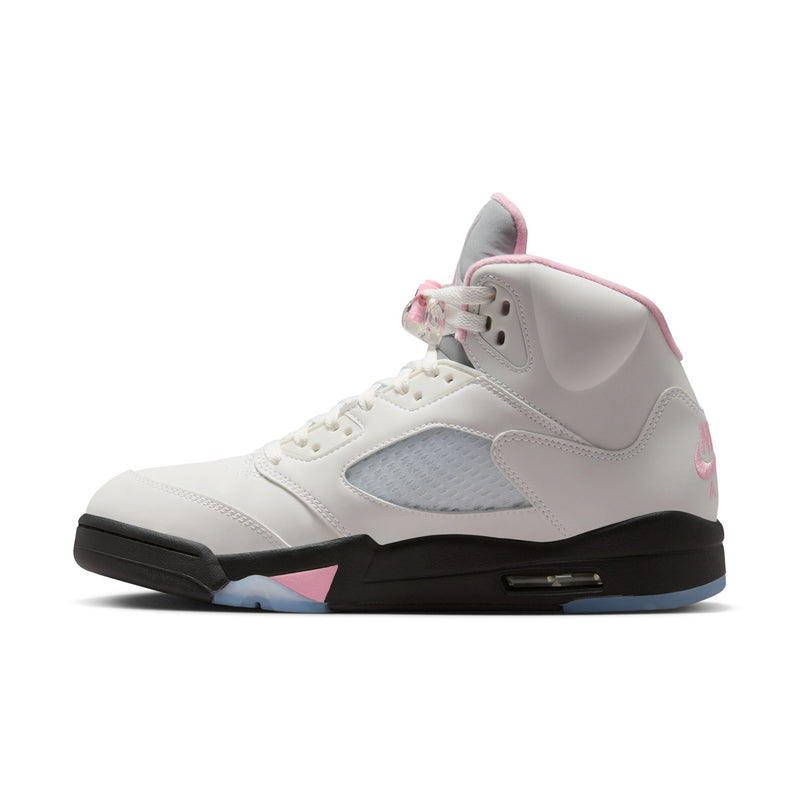 White mid-top sneakers with light blue side panel, black outsole edge, pink heel detail