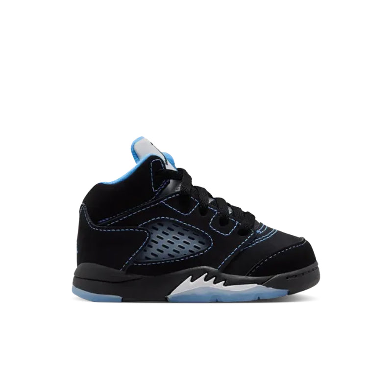 Toddler black lace-up sneakers with blue accents and perforated side panel