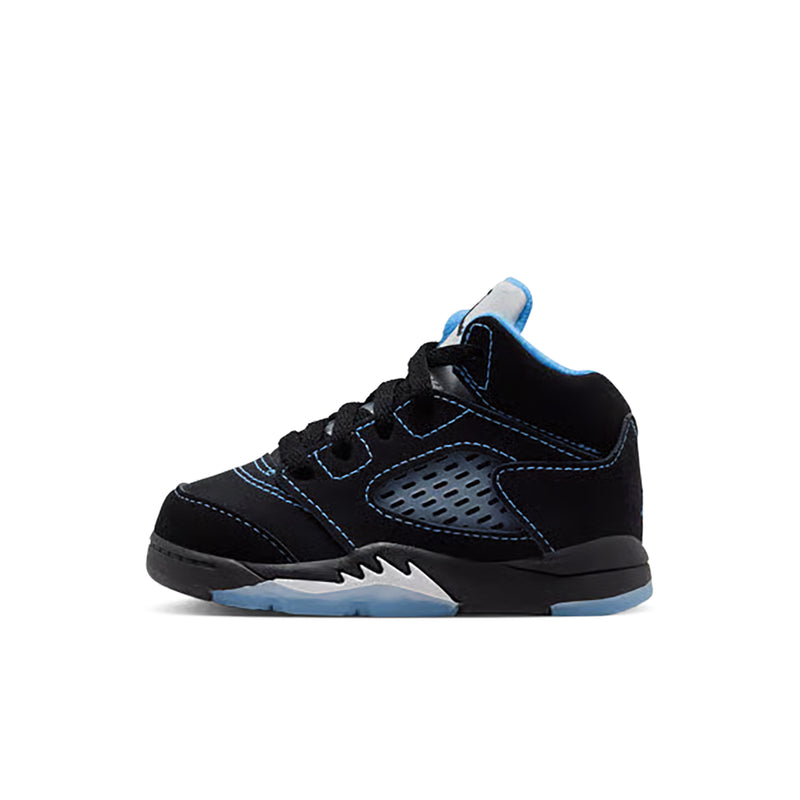 Toddler black high-top sneakers with blue accents, laces, and side perforation