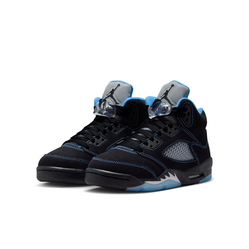 Air Jordan 5 youth sneakers, black leather with blue lining and lace-up eyelets