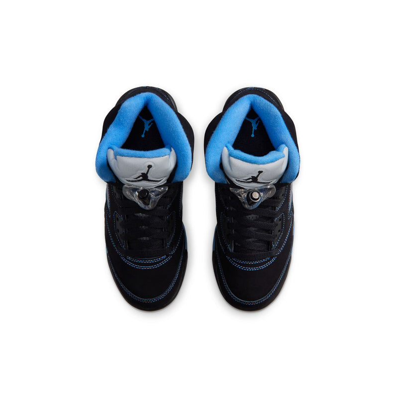 Air Jordan 5 youth sneakers, black upper with blue interior lining and lace closure