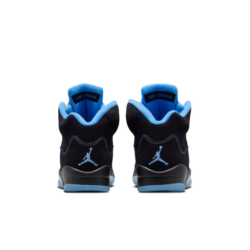 Air Jordan 5 youth sneakers, black heel tabs with blue collar lining and Jordan logo