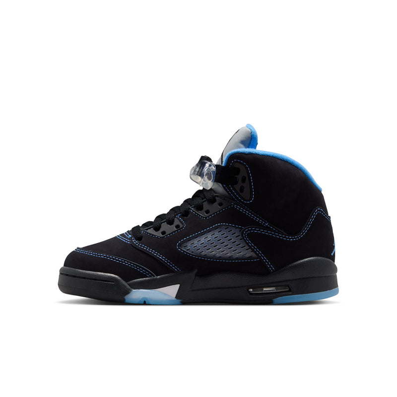 Air Jordan 5 youth sneakers, black upper with blue trim and lace-up front