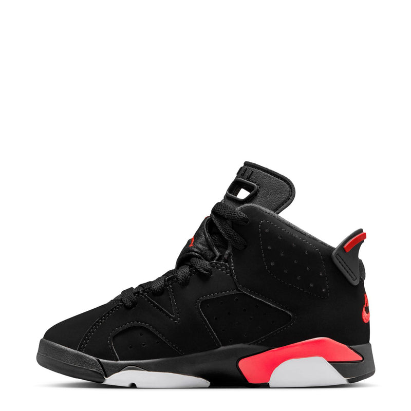 Kids black high-top sneakers with red and white midsole, lace-up and side strap