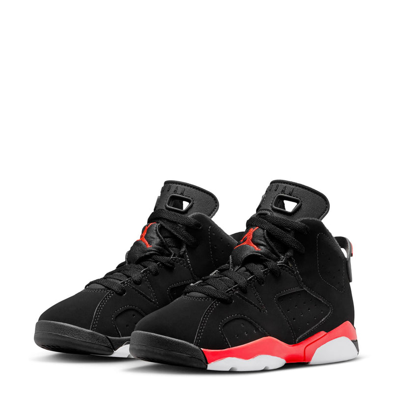 Pair of kids black high-top sneakers with red and white midsole and lace-up