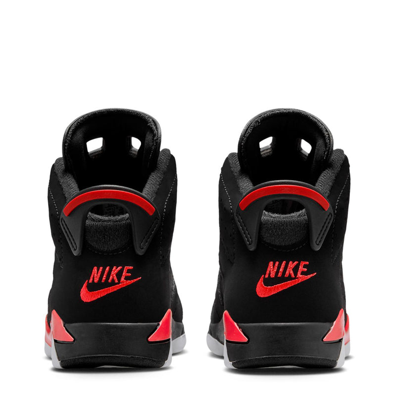 Kids black high-top sneakers with red NIKE logos and gray-white heel sole