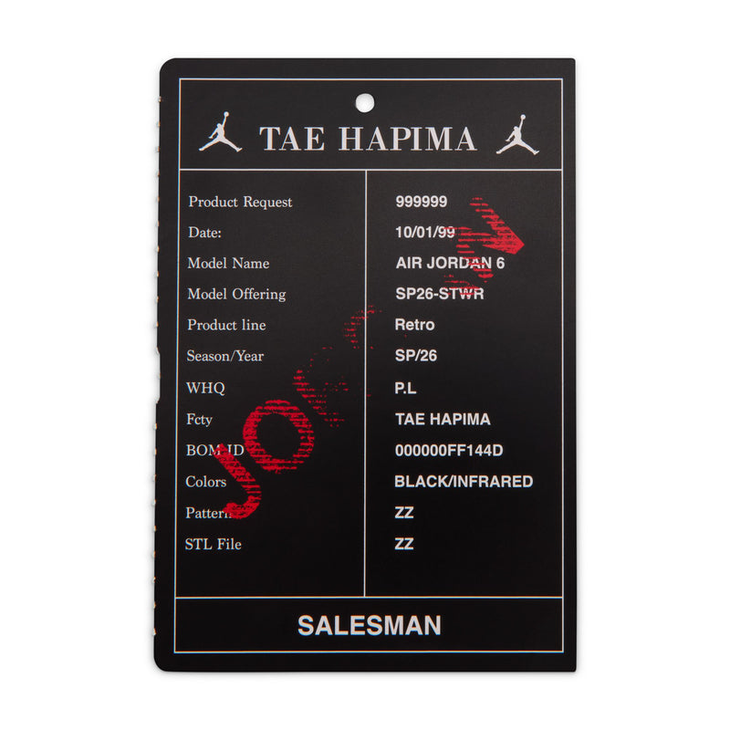 Hang tag with product request details for TAe HAPIMA Jordan 6 Retro
