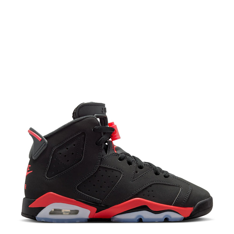 Youth black high-top sneakers with red accents and visible Air window