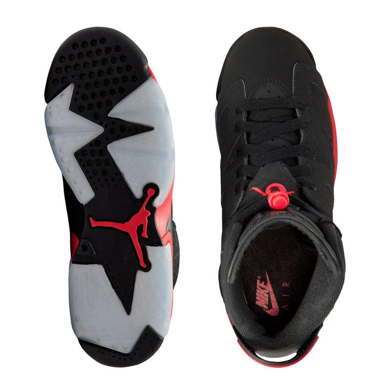 Shoe outsole and inside view: black upper with red-trim sole