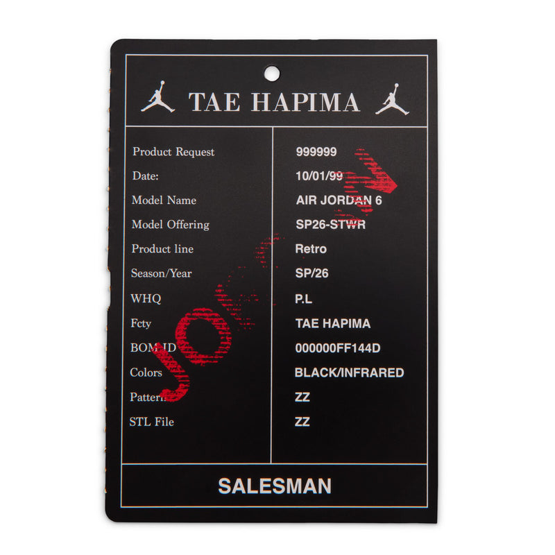 Black product tag card reading TAE HAPIMA with model AIR JORDAN 6 info