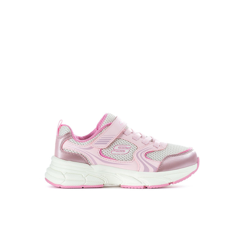Kids retro running sneakers in white and pink with lace-up front and side logo